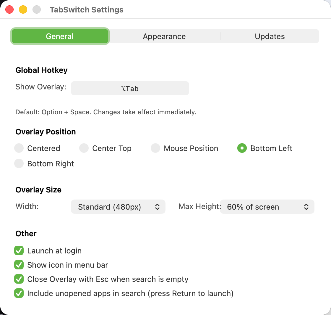 TabSwitch settings window: native, local and private by design