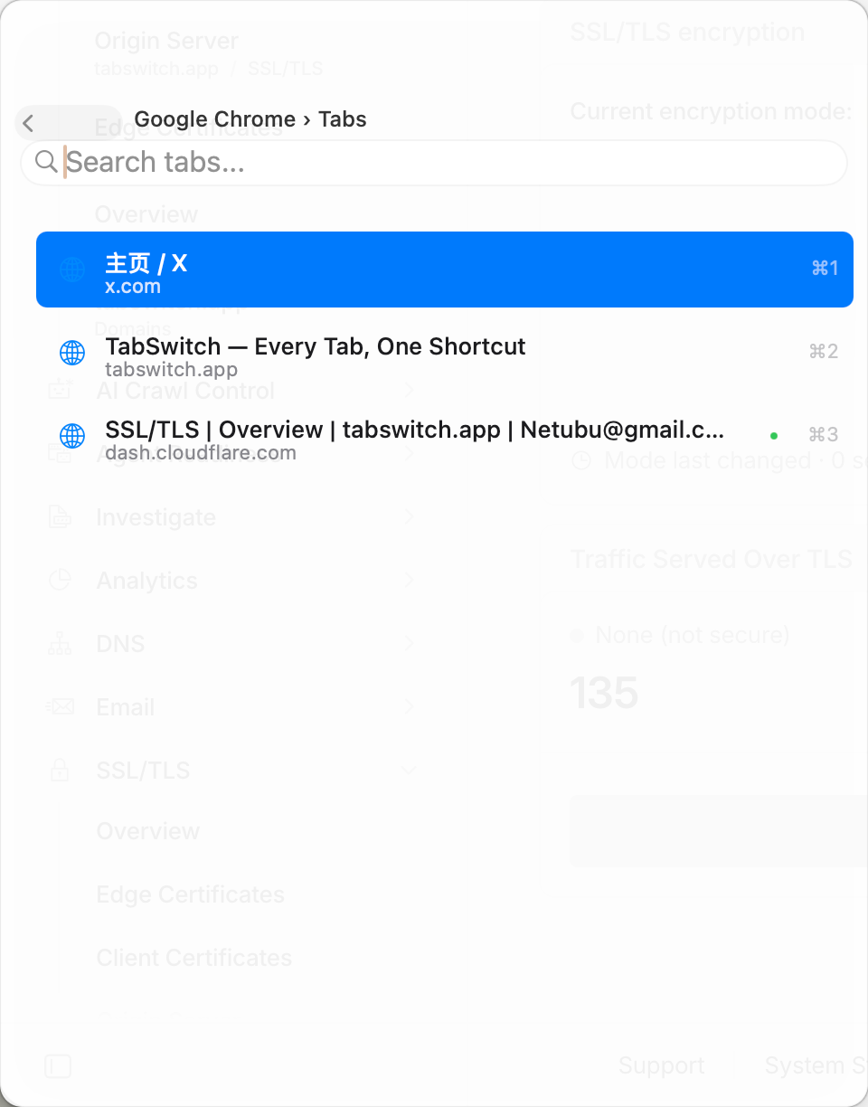 TabSwitch overlay: fuzzy search across every open tab and window